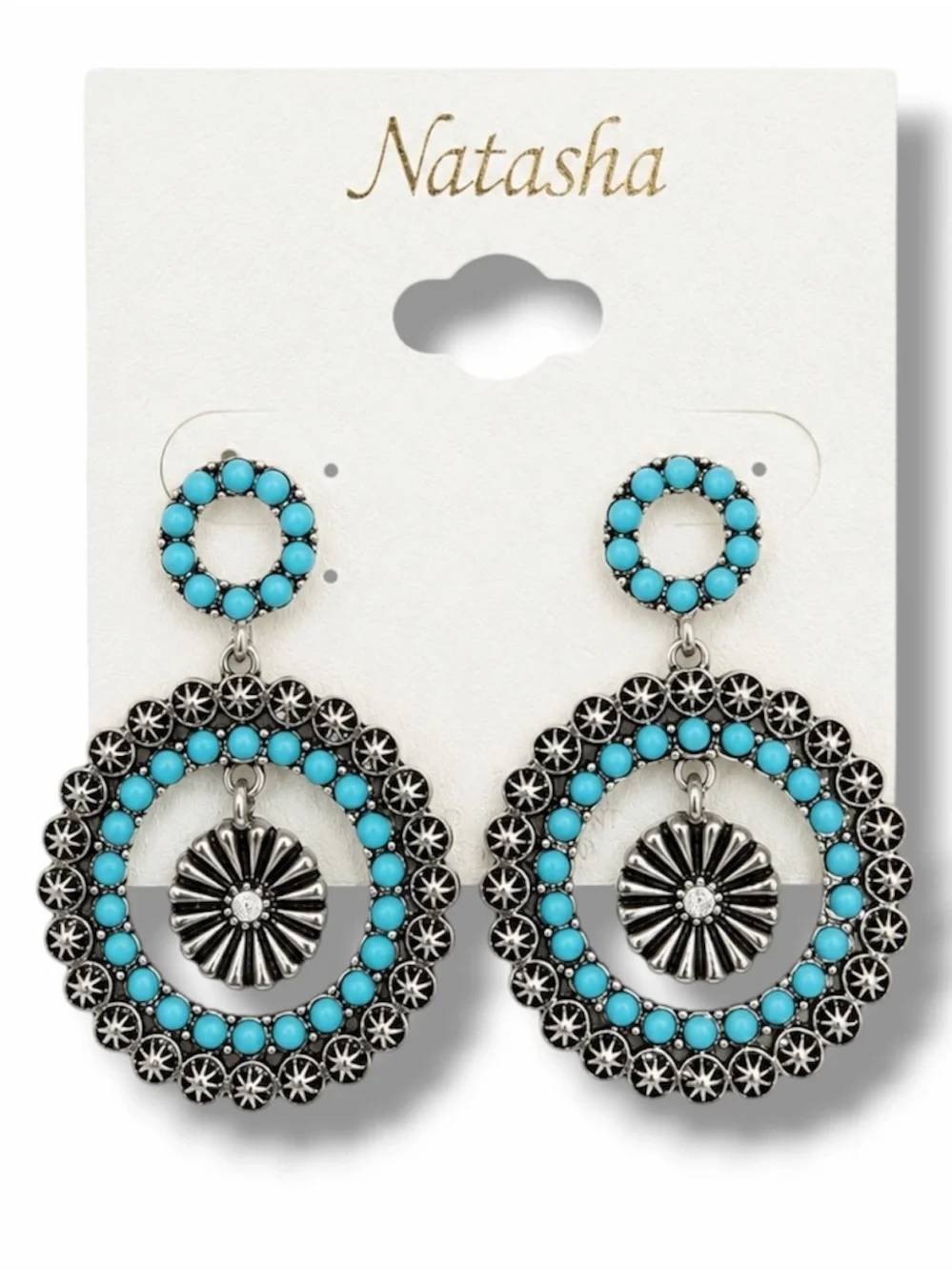 Natasha Turquoise Beaded Western Boho Dangle Earrings Silver Tone Statement NWT